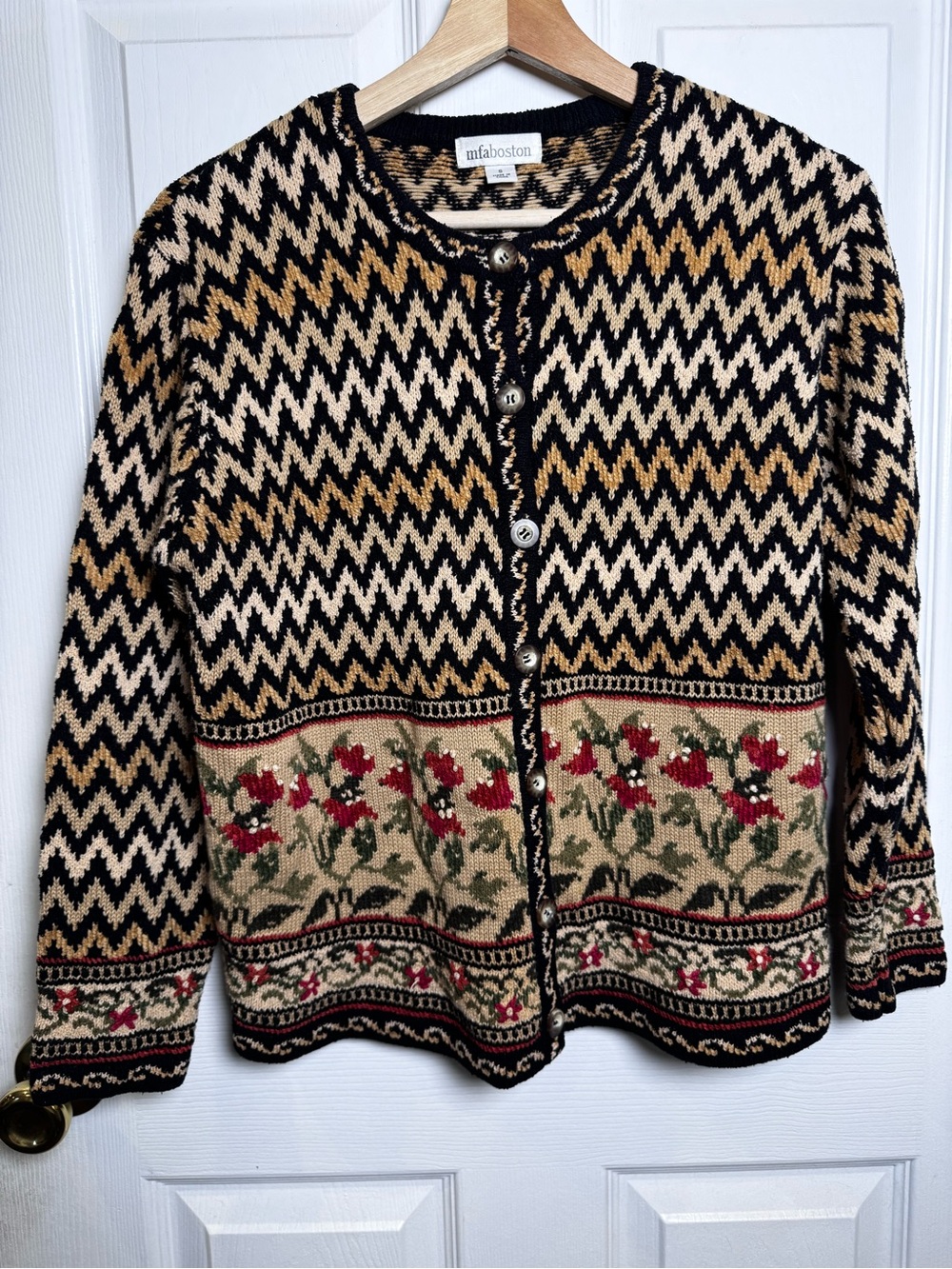 MFA Boston Silk Blend Chevron Floral Cardigan Sweater Small Cottagecore